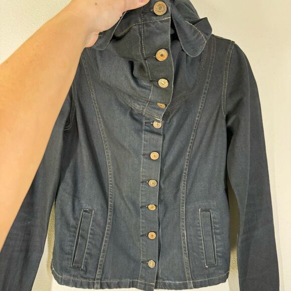 AllSaints Kuro Denim Jacket Button Front Cowl Neck Women’s Size 6 - Picture 3 of 8